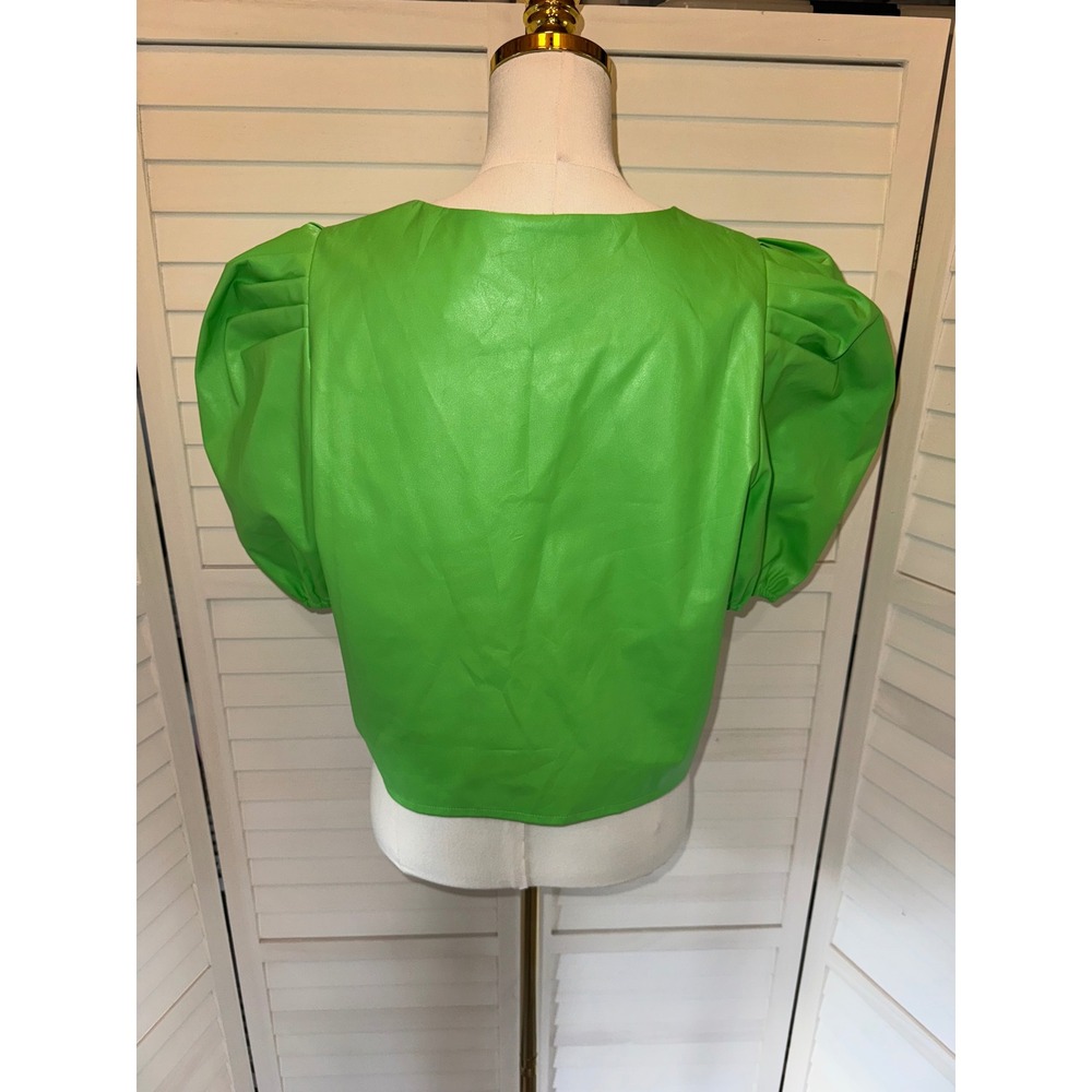 Queen of Sparkles Faux Leather Top Women Neon Green Puff Sleeve Jewel Button M - Picture 5 of 8